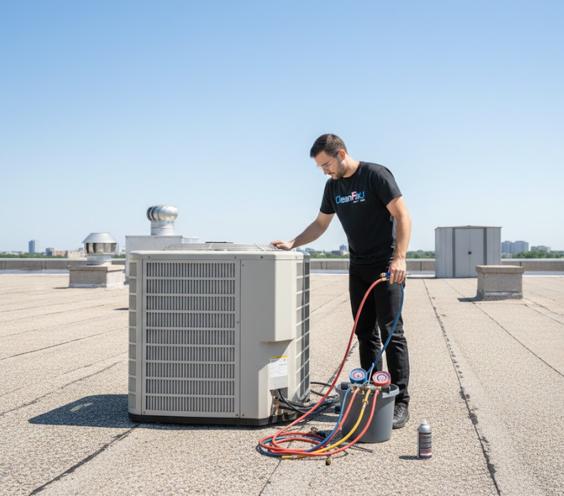 HVAC technician checking an air conditioning unit